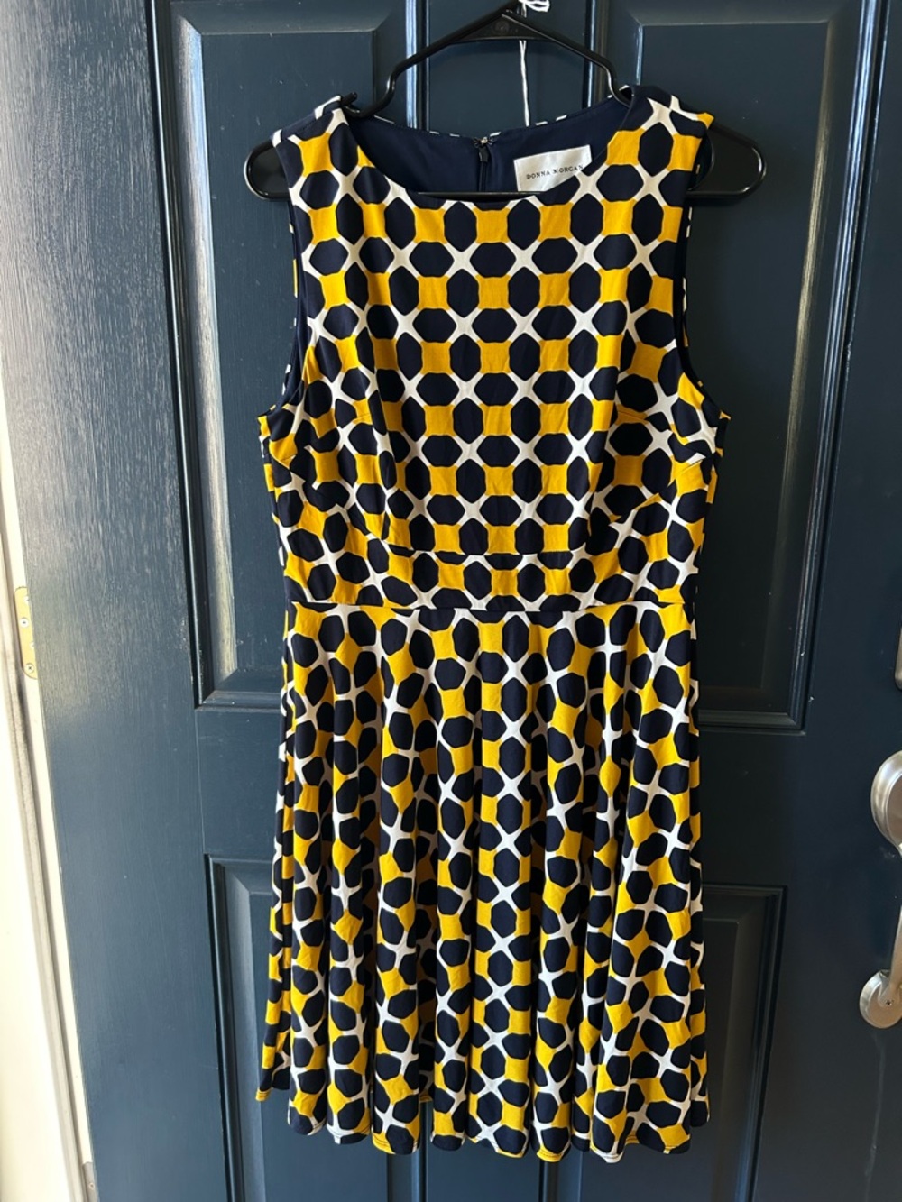 Donna Morgan Navy, Yellow & White Geometric Fit-and-Flare Dress